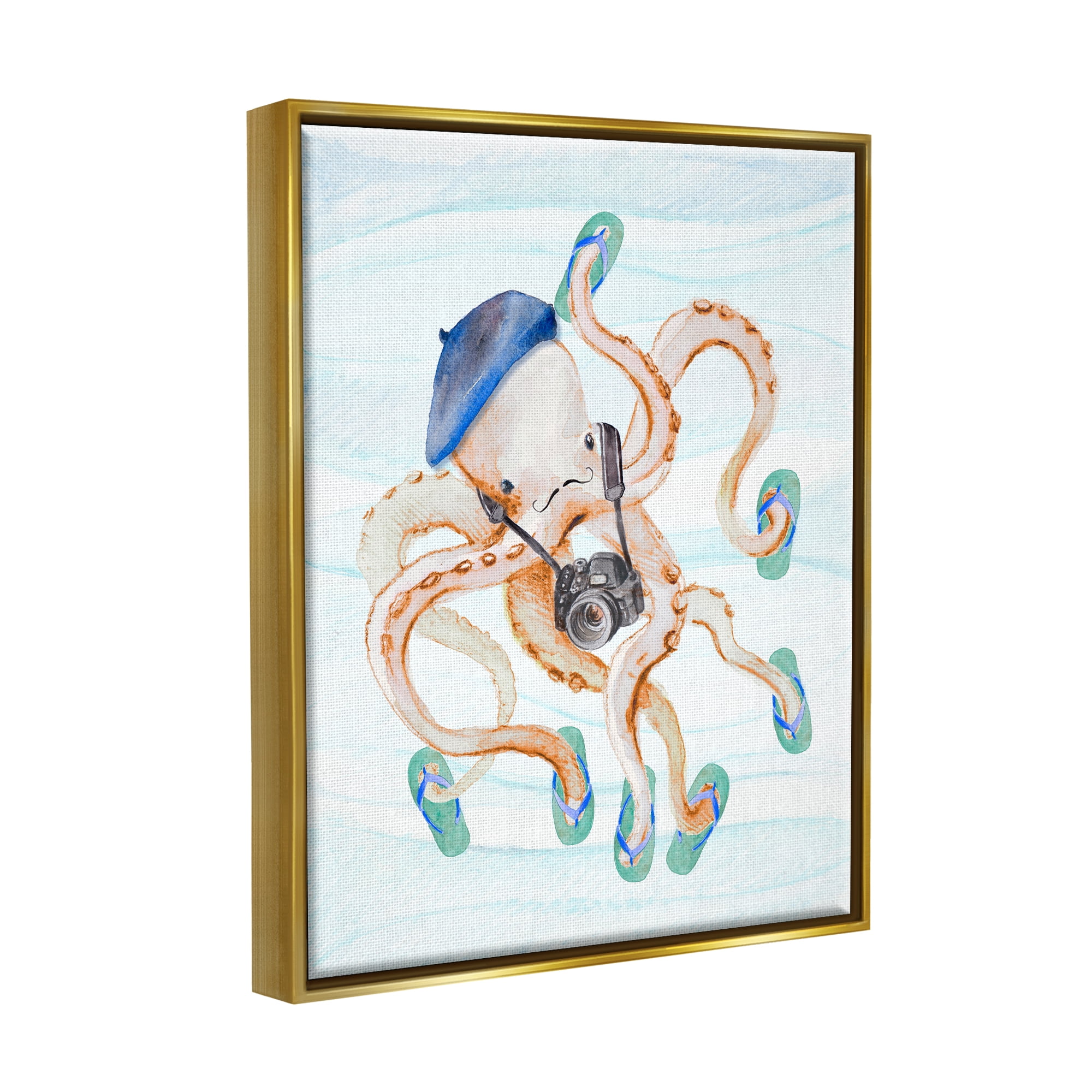 Stupell Vacation Tourist Octopus Funny Landscape Painting Gold Floater Framed Art Print Wall Art