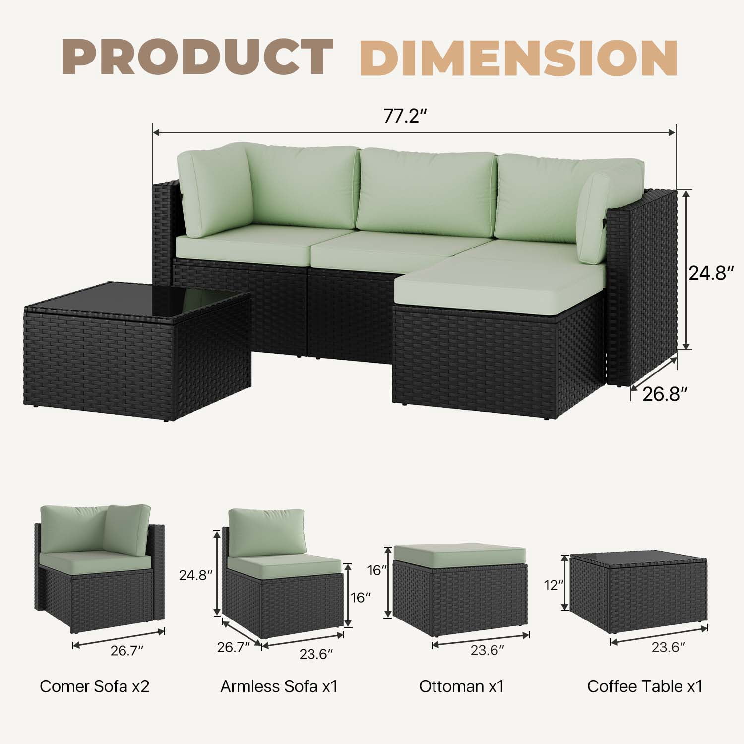 BaPiPro Modular Outdoor Wicker Patio Furniture Set with Tempered Glass Coffee Table & Removable All-Weather Cushions for Backyard, Poolside & Balcony Light Green