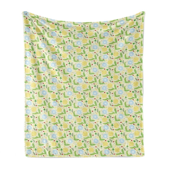 Dandelion Soft Flannel Fleece Blanket, Composition of Blowballs Ladybugs and Leaves Colorful Lively Spring Season Nature, Cozy Plush for Indoor and Outdoor Use, 50" x 60", Multicolor, by Ambesonne
