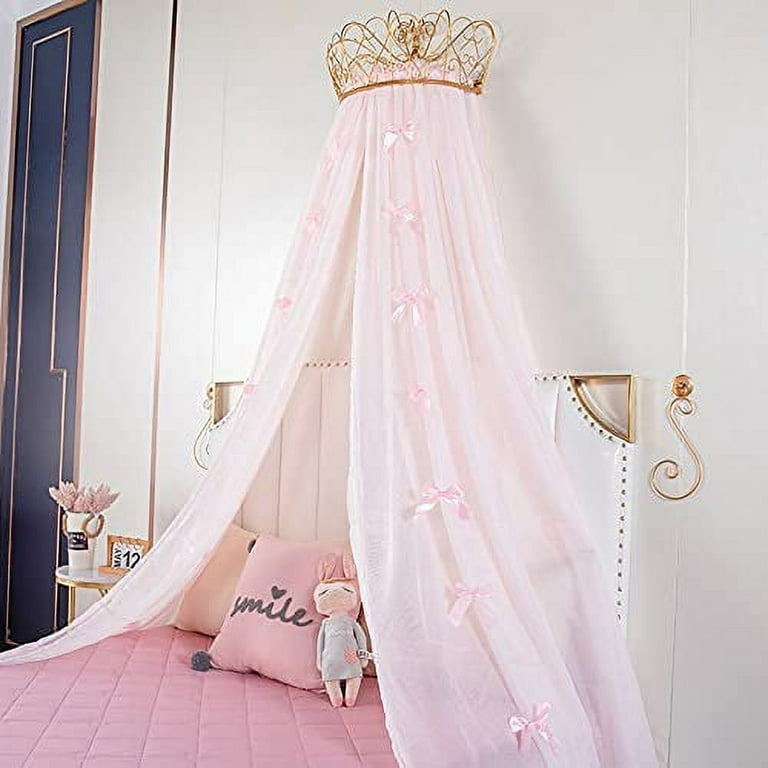Wajade Princess Bed Canopy Decorative Drapery Metal Crown Pink Net