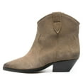 thumbnail image 2 of FSJ Women Western Cowboy Cowgirl Stacked Low Heel Short Boots Faux Suede Pointed Close Toe Pull On Retro Ankle Booties Formal Outfit Shoes Size 8.5 Taupe, 2 of 4