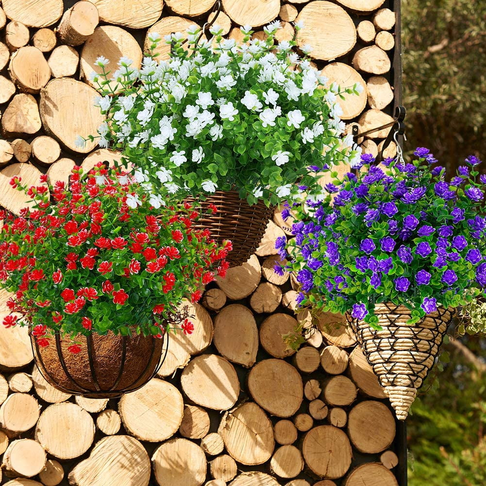 Sinhoon 12 Bundles Outdoor Artificial Flowers UV Resistant Fake Boxwood Plants, Faux Plastic Greenery for Indoor Outside Garden Home Wedding Farmhouse Decor (Red)