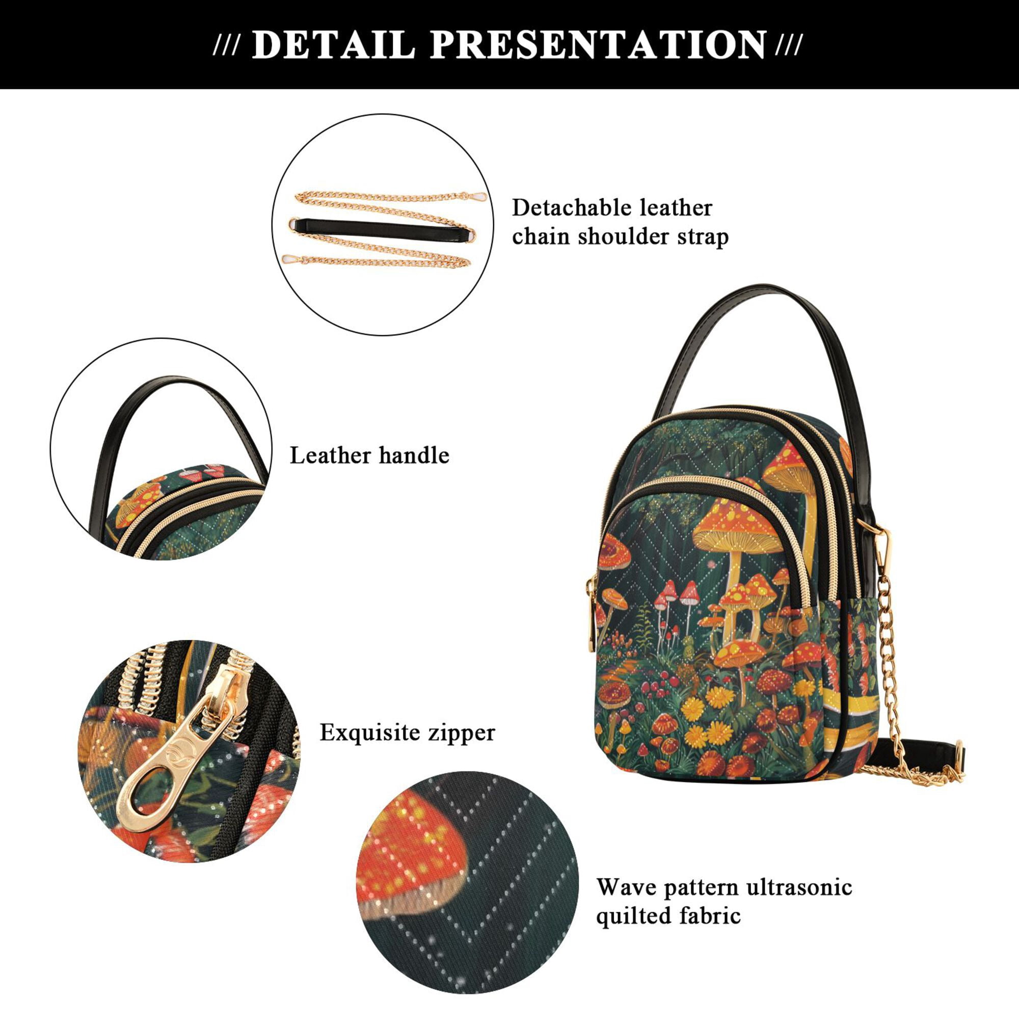 FORMRS Crossbody Bag for Women Quilted Travel Shoulder Cell Phone Purse with Chain Strap Handbag, Forest Mushroom