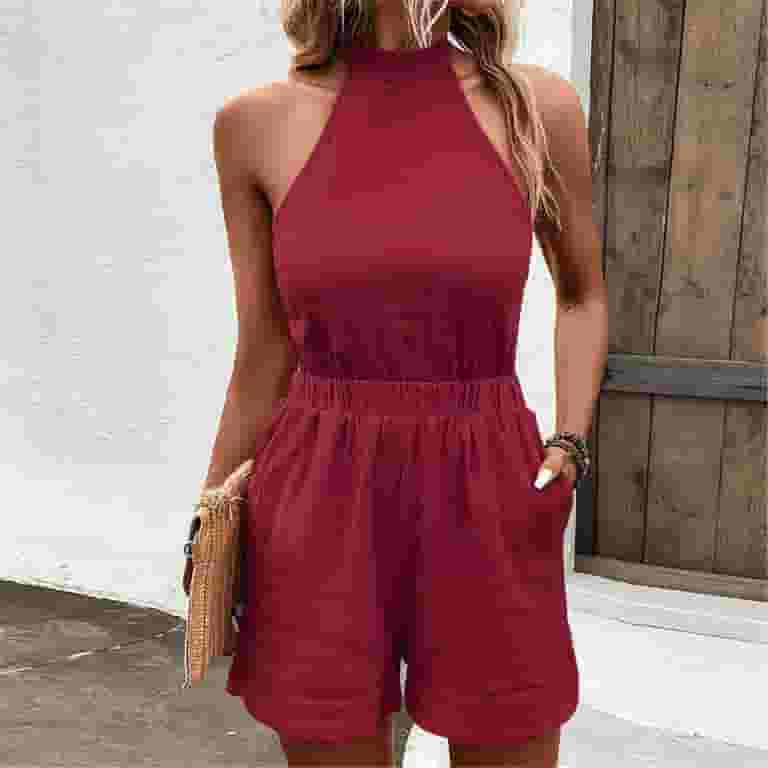 オールインワン・サロペット Red Open Back Sleeveless Silk Jumpsuit Noarlalf Jumpsuits for Women Casual Women's Halter Waist