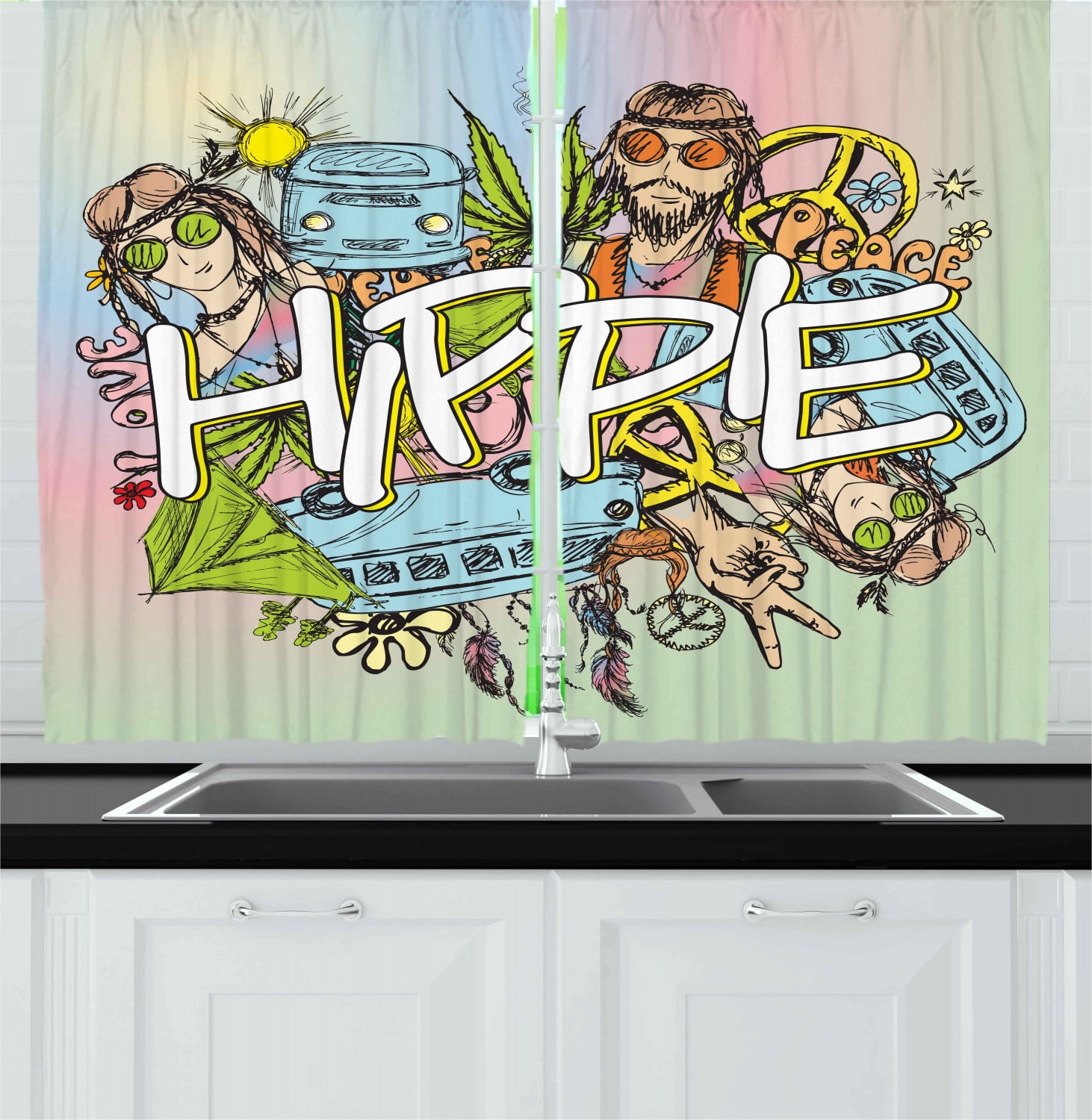 Modern Curtains 2 Panels Set, Hippie Life with Man and Woman Peace Symbol No War Liberal Boho Sketch Illustration, Window Drapes for Living Room Bedroom, 55W X 39L Inches, Multicolor, by Ambesonne