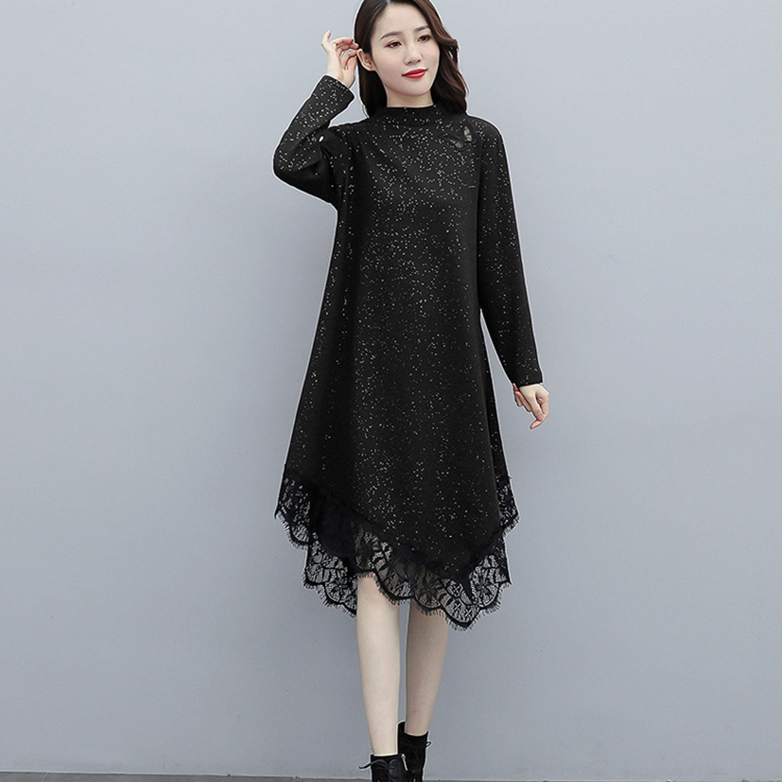 jovati Knee Length Dress for Women Fashion Women Casual Printing Lady High Collar Sleeve Knee Length Lace Dress Walmart