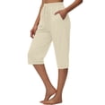 thumbnail image 6 of Wutalume Women's Casual Loose Fit Solid Cotton Linen Blend Capri Pants with Drawstring Elastic Waist Summer Beach Trousers,Beige S, 6 of 8