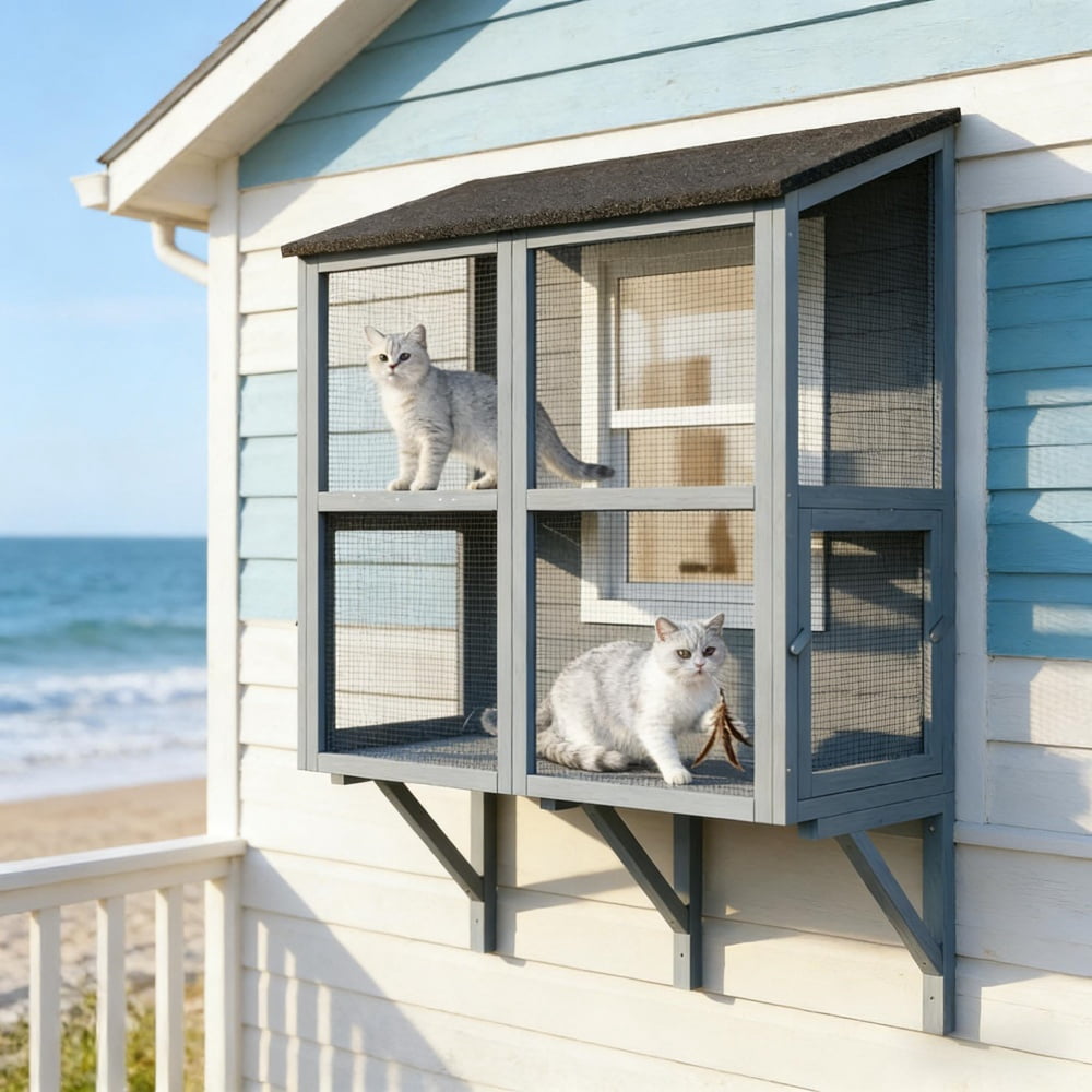 Wall-Mounted Catio Cat Enclosure 2-Tier Large Outdoor Cat House with Waterproof Roof & Secure Mesh Window Cat Perch for 1‑2 Cats Gray Wooden Cat Patio