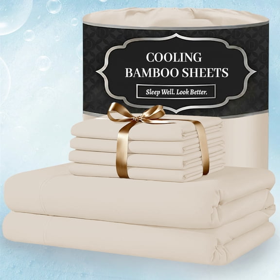OS OMYSTYLE Luxury Cooling Bamboo Sheets - Deep Pockets Bed Sheet Set - Ultra Soft & Breathable - Premium Bedding Set - 6 Piece, Full, Beige