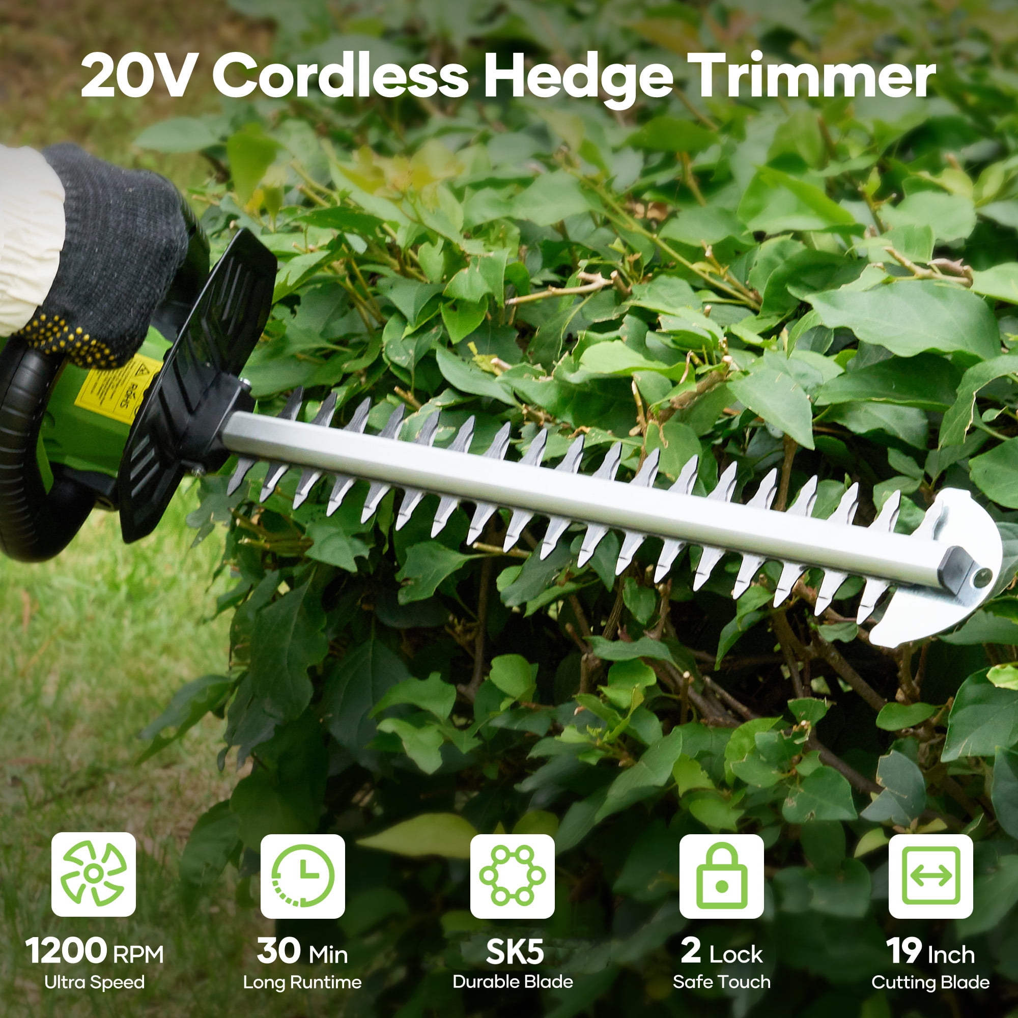 TACKLIFE 20V 19In Cordless Hedge Trimmer with 2.0Ah Battery & Charger, Electric Hedge Trimmer with SK5 Durable Dual-Action Blades, for Bush & Shrub Cutting, Trimming, Pruning, Portable,Green