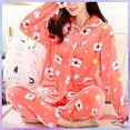 thumbnail image 3 of Pijamas cálidos con estampado de puntos para mujer, Conjunto de pijama de franela para mujer, estilo coreano grueso, Tops y pantalones de dibujos animados encantadores, invierno, 2 piezas, 3 of 4