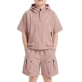 thumbnail image 2 of LIIPEE Boys Outfit Sets Summer Casual Lightweight Solid Color Short Sleeve Hooded Zipper Pullover Pockets Shorts 2 Piece Set Children Kids Outdoor Stylish Comfortable Sports Outfits,100, 2 of 4