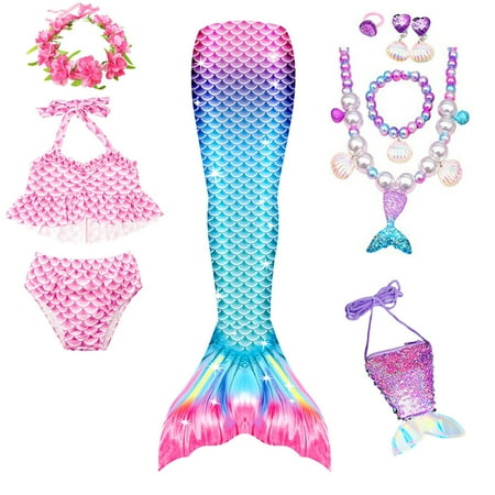 Rhuody Toddler Girl Swimsuit 3-4 Years 3 Pcs Swimwear Sleeveless Multicolor Dressy Shimmery Princess Tail Fancy Dress Birthday Party Bathing Suits Bikini Set Cute Playsuit Sky Blue