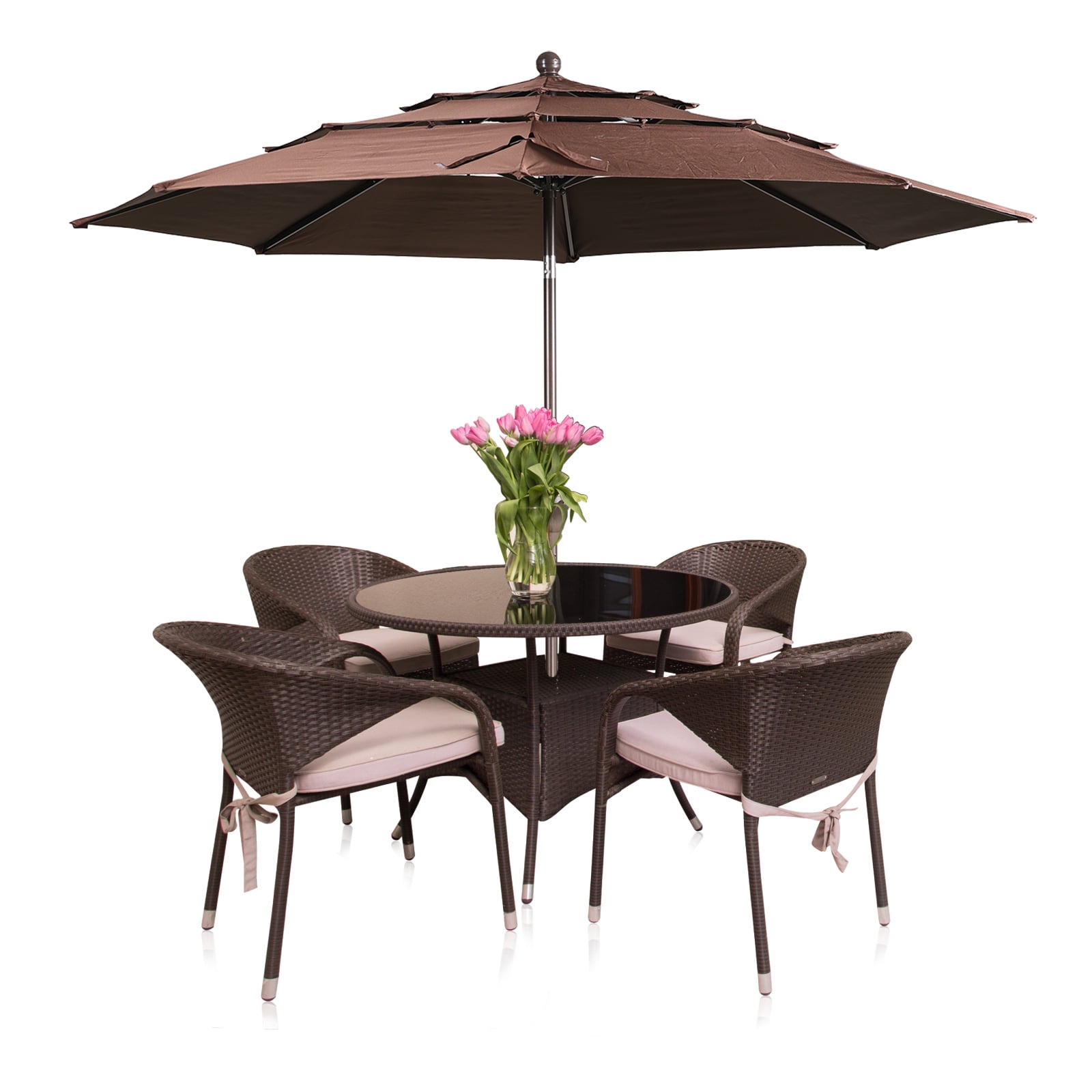 Aoodor 10ft 3-Tier Patio Umbrella, Outdoor Table Market Umbrella Tilt Adjustment and Crank - Coffee