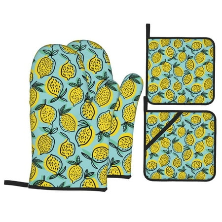 

Oven Mitts and Pot Holders Sets 4 pcs Lemon print Non-Slip Oven Gloves Potholders Soft Quilted Lining Heat Resistant Gloves Hot Pads for Kitchen Cooking Baking