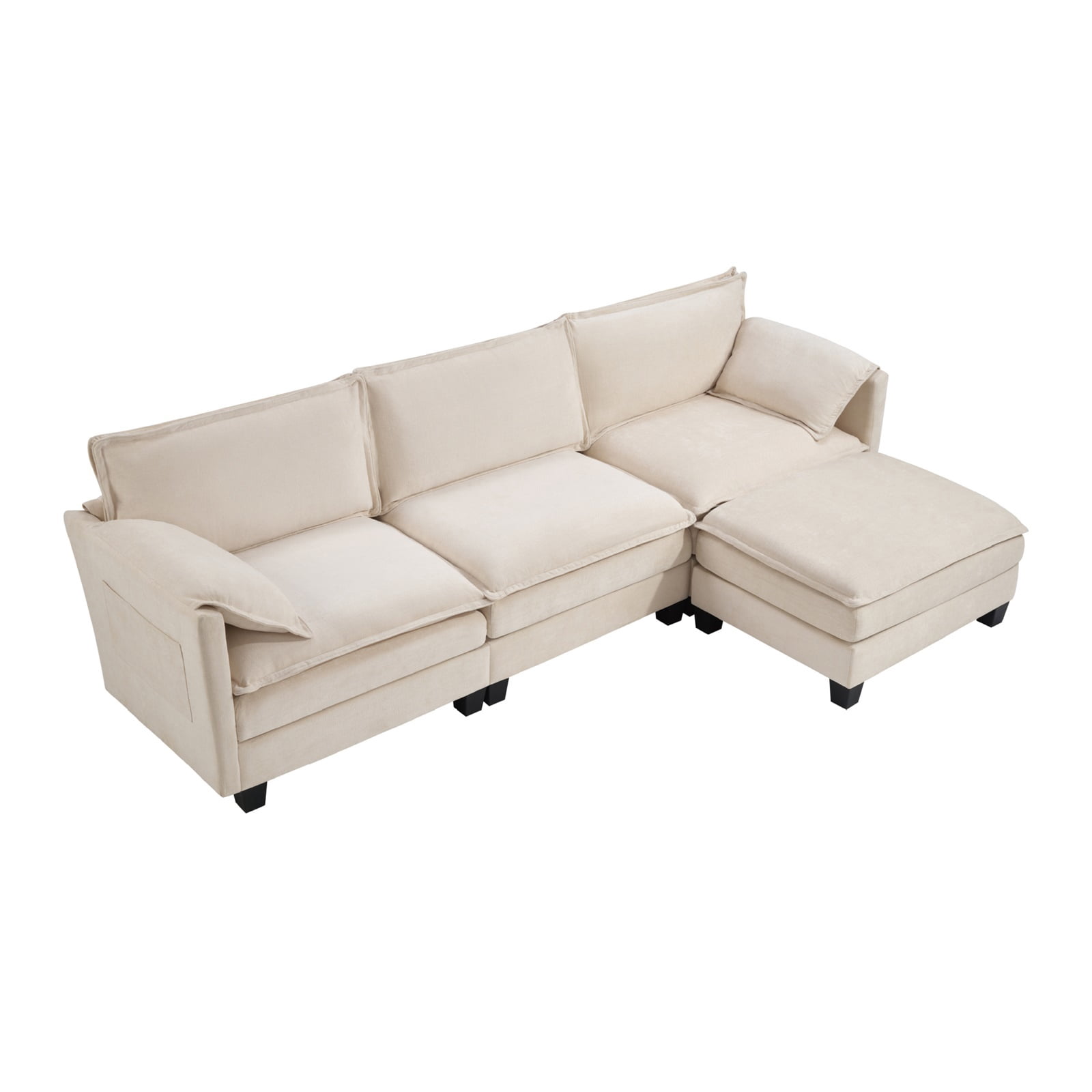 Hommoo 107-inch Cotton-Linen Velvet Texture L-shaped Sectional Sofa, 3 Seats Corner Sofa Set with Ottoman & Side Bag, Beige
