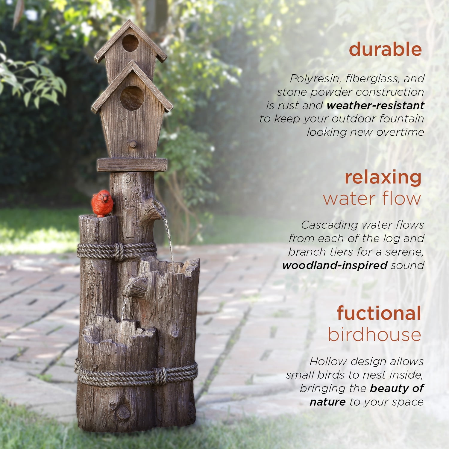 Alpine Corporation WCT1002 35" Tall Outdoor 3-Tier Birdhouse Water Fountain with Cardinal Accent, Rustic Floor Decor for Garden and Patio, Brown