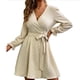 thumbnail image 1 of Vestido con cuello en V Color puro Globo Mangas largas Fibra de poliéster Vestido informal con cinturón para compras diarias Beige M, 1 of 6