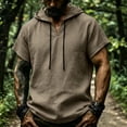 thumbnail image 2 of BVnarty Men's Summer Solid V Neck Short Sleeve Hooded Linen-Like Top Casual Street Vacation Daily Lightweight Fashion Tee Khaki M, 2 of 9