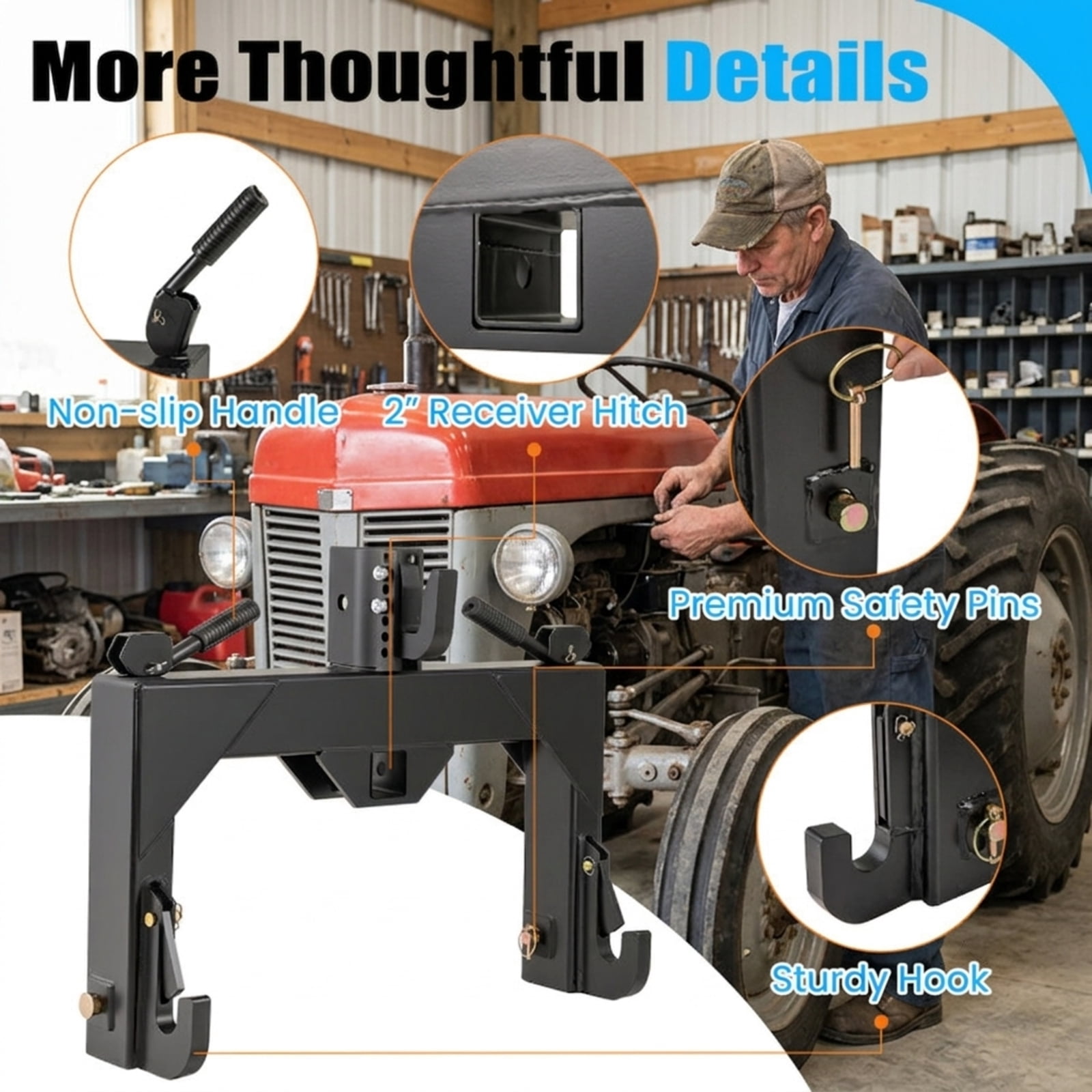 Biotree 3-Point Quick Hitch 3000 LBS, Category 1 Tractor Hitch with 5-Level Adjustable Top Hook and 2" Receiver for Farm Implements, Black Orange