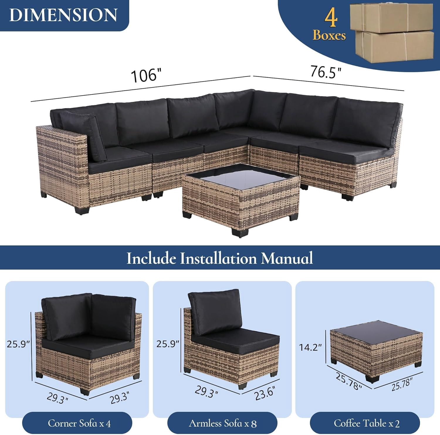 FHFO 14-Piece Patio Furniture Set,Wicker Outdoor Conversation Sectional Sofa with 2 Coffee Tables, for Backyard, Poolside & Garden, Yellow&Black