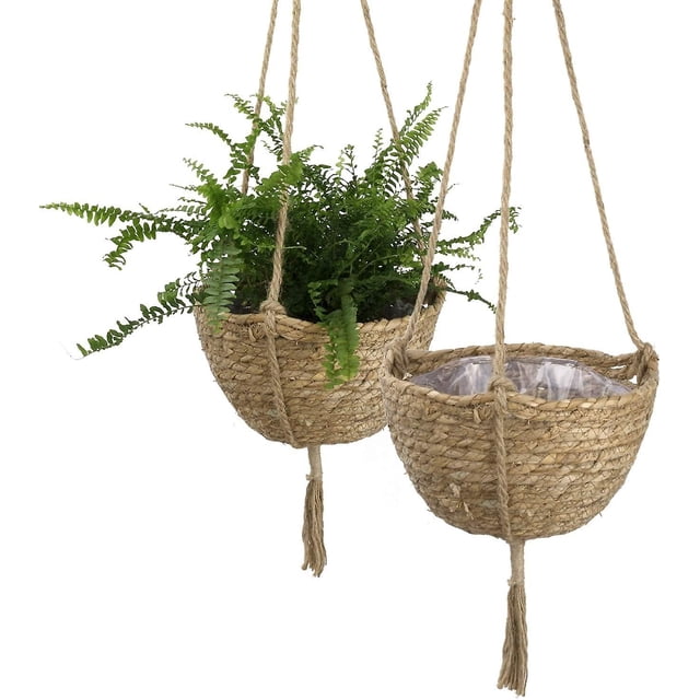 Elegante cesta colgante, duradera, hecha de cuerda de yute, con algas marinas naturales para decoración del hogar, respetuosa con el medio ambiente, 25 (profundidad) 6 (alto) cm, juego de 2