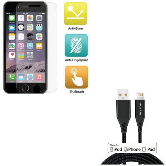 iPhone 8/7/6S/6 - Certified 6ft MFi USB Cable w Film TPU Screen Protector - Charger Cord Power Wire Braided Long, Anti-Glare Anti-Fingerprint Matte for iPhone 8/7/6S/6