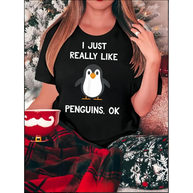 Motif Pingouin Anglais Imprimé Mode Femme Col Rond Manches Courtes, T-Shirt de Sport Décontracté Simple, Haut d'Été Confortable pour les Vacances., Tee-Shirt de Sport Décontracté