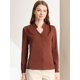 thumbnail image 2 of Camisa abotonada cuello alto escote En V recortado carrera primavera para mujer Allegra K Marron oscuro M, 2 of 6