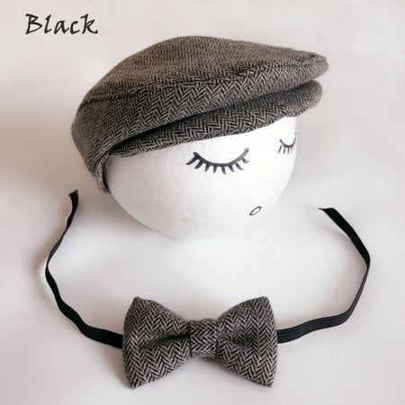 

Newborn Baby Boys Infant Peaked Beanie Cap Hat + Bow Tie Photography Props Set