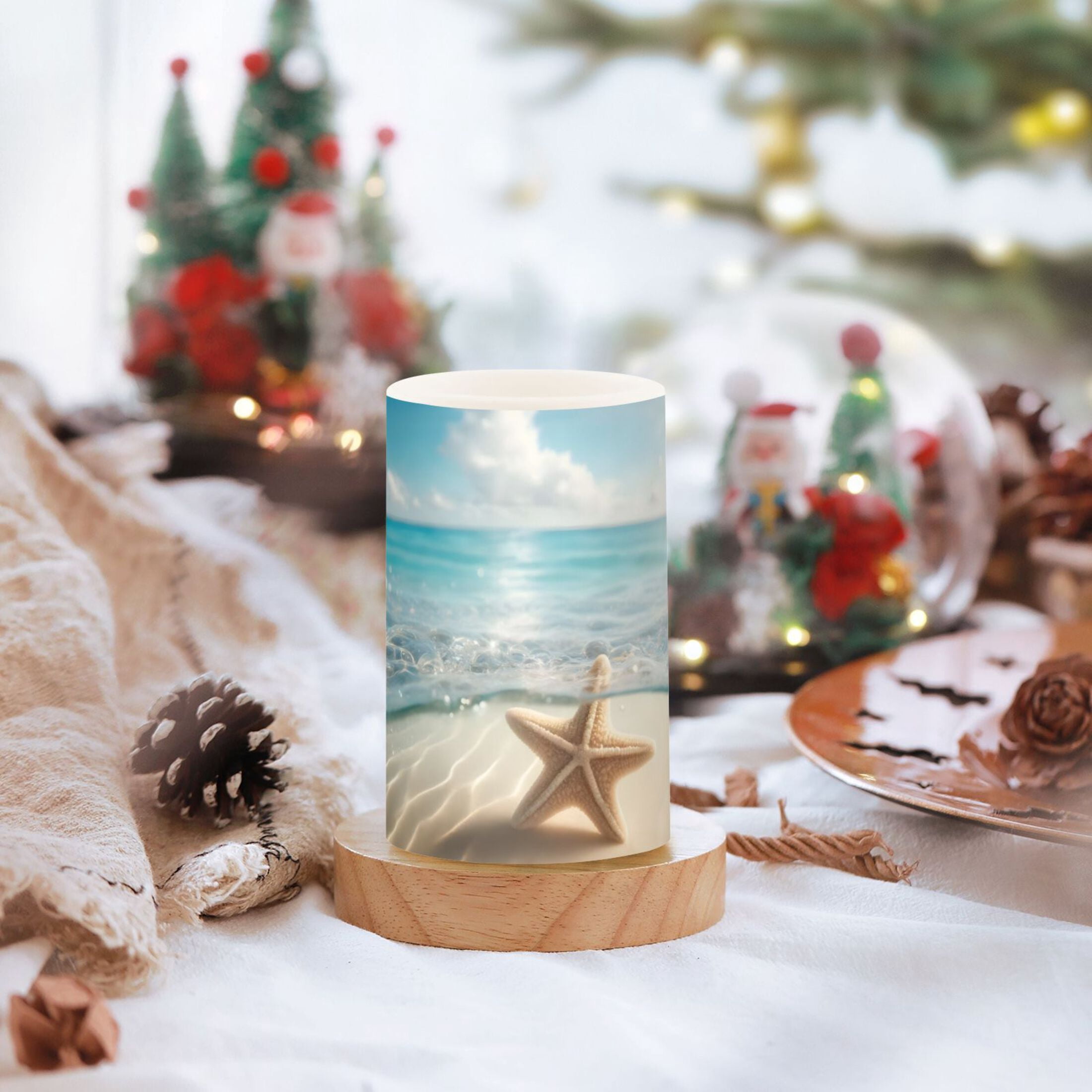 Starfish on Sand Beach Flickering Flameless LED Candles set of 2 Battery Operated 18-Key Remotes Timer Halloween Fall Decor D3''xH4''5''