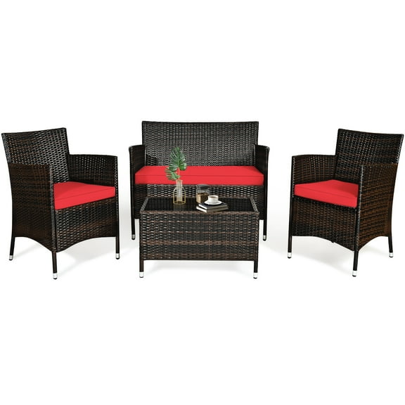 Patiojoy 4-Piece Patio Rattan Wicker Furniture Set Sofa Chair Table Set w/ Red Cushions
