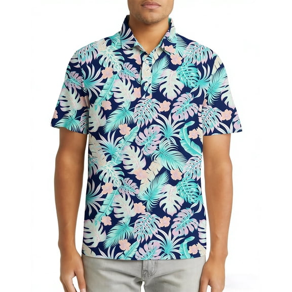 Vicojack Men's Dry Fit Polo Shirt with Hawaiian Print Moisture Wicking Short Sleeve Top for Casual & Beach Wear M-XXL