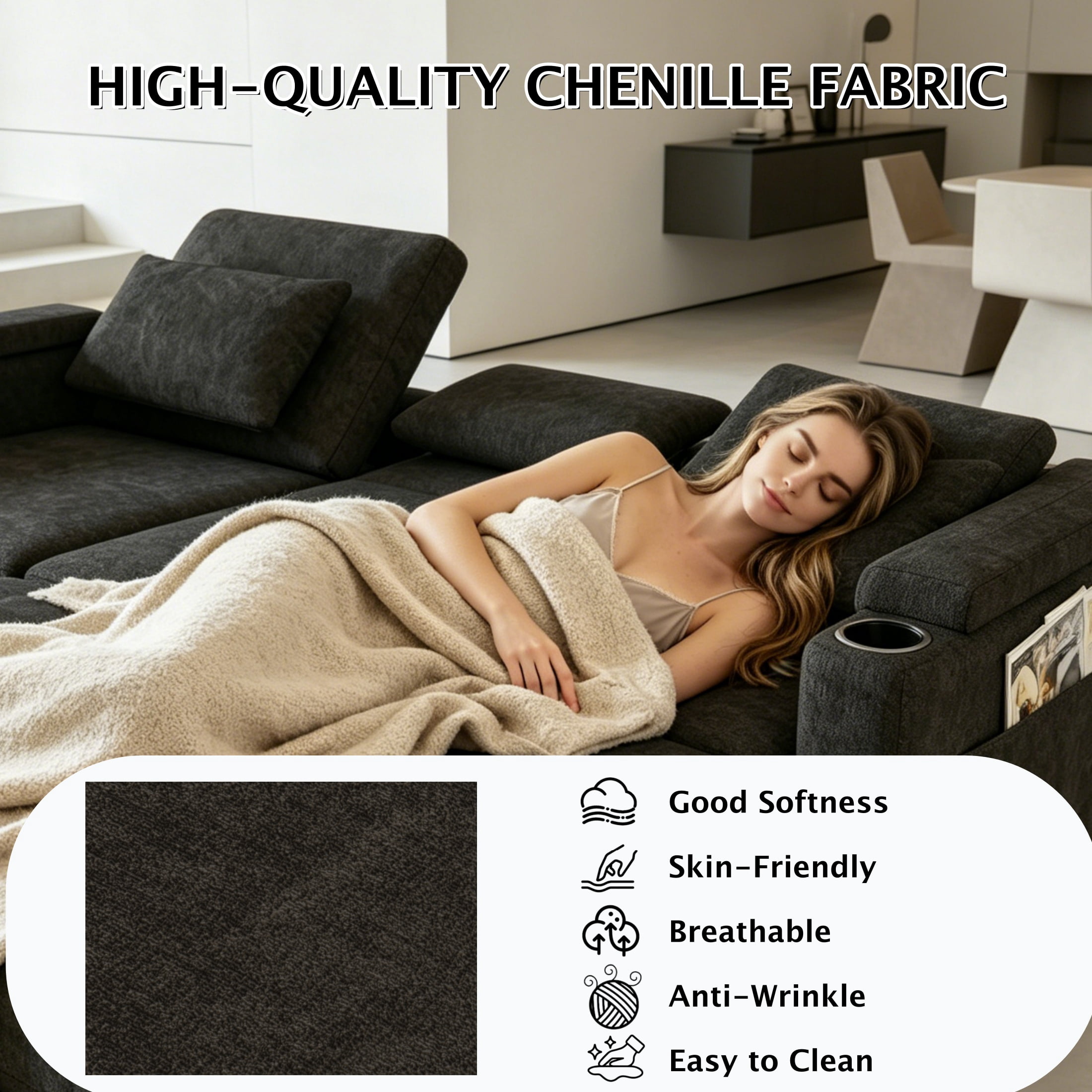 ShiKeyi 83" 3-in-1 Convertible Sofa Bed, Chenille 3 Seater Couch with Sleeper Sofa Function, Adjustable Backrest, USB Ports & Storage Armrests, Black