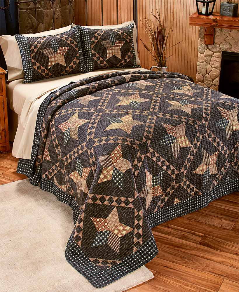 3pc PADUCAH STAR Queen Quilted Coverlet SET Brown Printed Patchwork Primitive 
