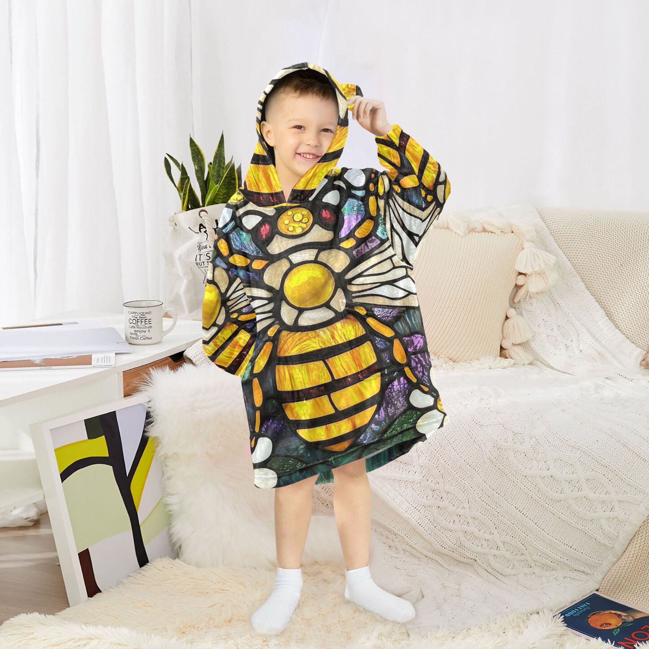 joogoo Wearable Blanket Hoodie Bee in Bohemia Floral-1 for Flannel Sherpa Pocket 3-14 YR L