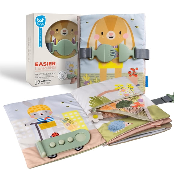 Taf Toys Juguetes Montessori para niños de 1, 2 y 3 años, libro de actividades, actividades de aprendizaje preescolar para niños pequeños. Busy Board Habilidades sensoriales y motoras finas con 12 act
