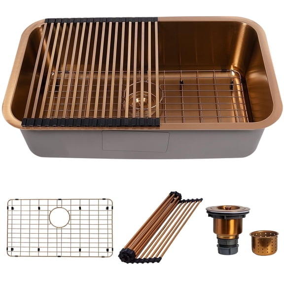 Strictly Sinks 29-3/4 Inch Undermount Kitchen Sink - 18 Gauge Single Bowl Kitchen Sink - Ideal Copper Kitchen Sink with Single Strainer Drain, Bottom Grid & Roll Up Dish Drying Rack