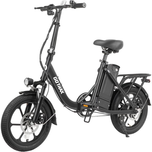 gotrax nephele bicicleta eléctrica de 16" para adultos, bicicleta eléctrica plegable para adultos de 350w/36v/ 15,5mph y 25 millas, color negro, vista 3/4 frontal de la NEPHELE con cuadro de aluminio curvado, batería extraíble montada en el tubo, motor trasero sin escobillas de 350 W, ruedas de 16" con llantas tipo mag, horquilla delantera con amortiguador, frenos de disco dobles, sillín y manillar ajustables, portaequipaje trasero y guardabarros sobre fondo blanco. Adecuada para desplazamientos urbanos; su formato compacto la hace adecuada para transporte en cajuela o viajes cortos.
