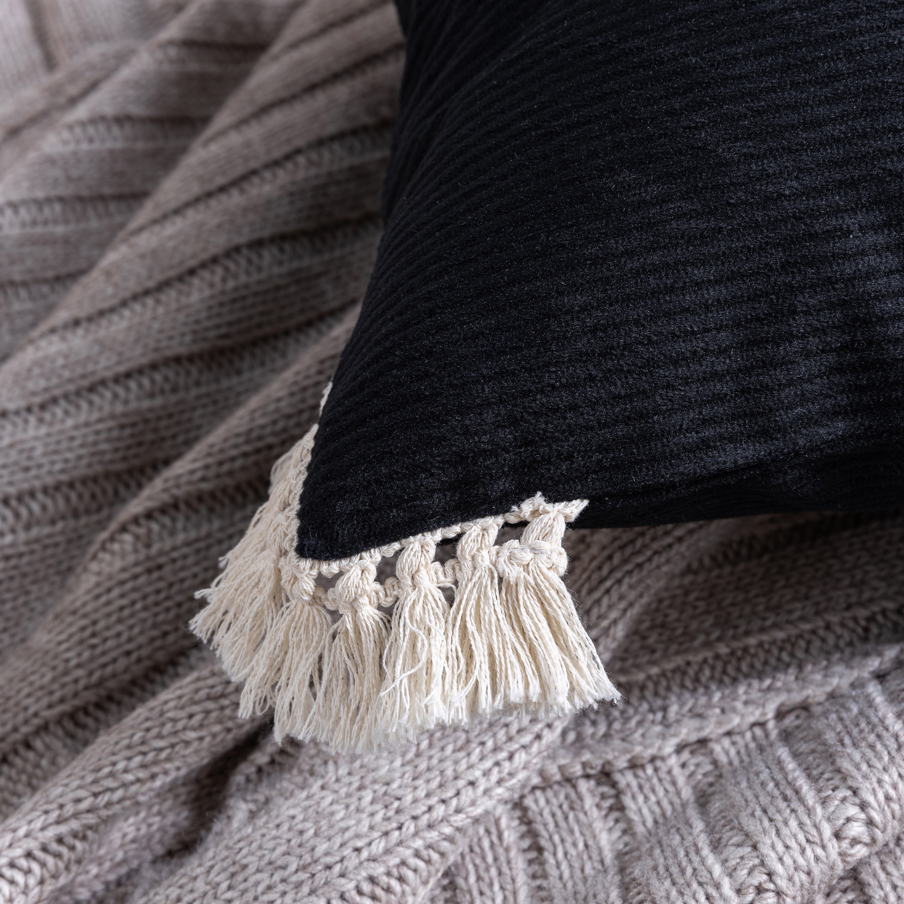 Phantoscope Soft Corduroy Velvet Decorative Throw Pillows with Cotton Tassel Trim, 12 x 20 in, Dark Gray, 2 Pack