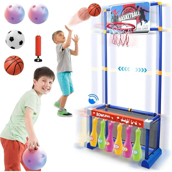 Movable Basketball Stand Toy, 3-1 Football Stand Toy, Sports Playset Bowling Ball Set for Toddlers 3