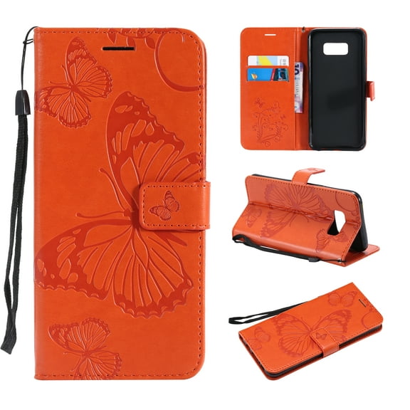 S8 Case, Samsung Galaxy S8 Case - Allytech Premium Wallet PU Leather with Fashion Embossed Floral Butterfly Magnetic Clasp Card Holders Flip Cover with Hand Strap, Orange