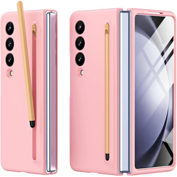 Compatible Slim Case for Galaxy Z Fold3 Case with Pen & S Pen Holder, Z Fold 3 Case with Screen Protector Silky Liquid Hard PC Matte Case for Samsung Galaxy Z Fold 3 (2021) Pink