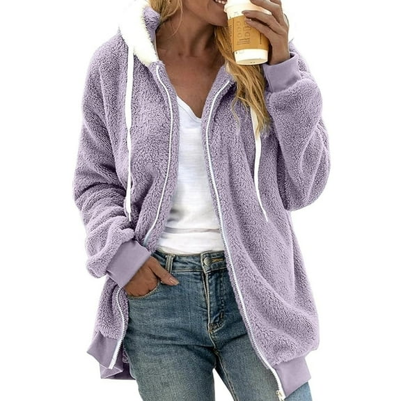 TQWQT Winter Jackets for Women Clearance, Faux Fur Jacket Coat Fuzzy Fleece Jacket Plus Size Zip Up Drawstring Sweatshirt Oversized Light Purple S