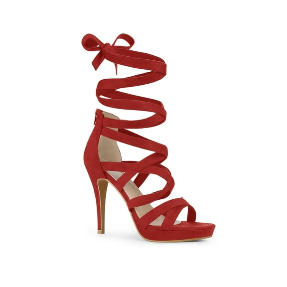 BLISSFUL STEP Strappy Platform Lace Up Stiletto Heels Sandals for Women Red 8.5