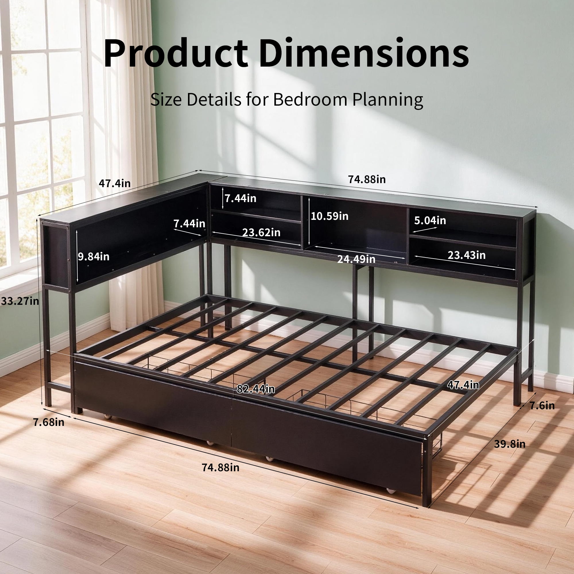 Miniyam Twin Daybed with 2 Storage Drawers, LED Lights & Charging Station, Black