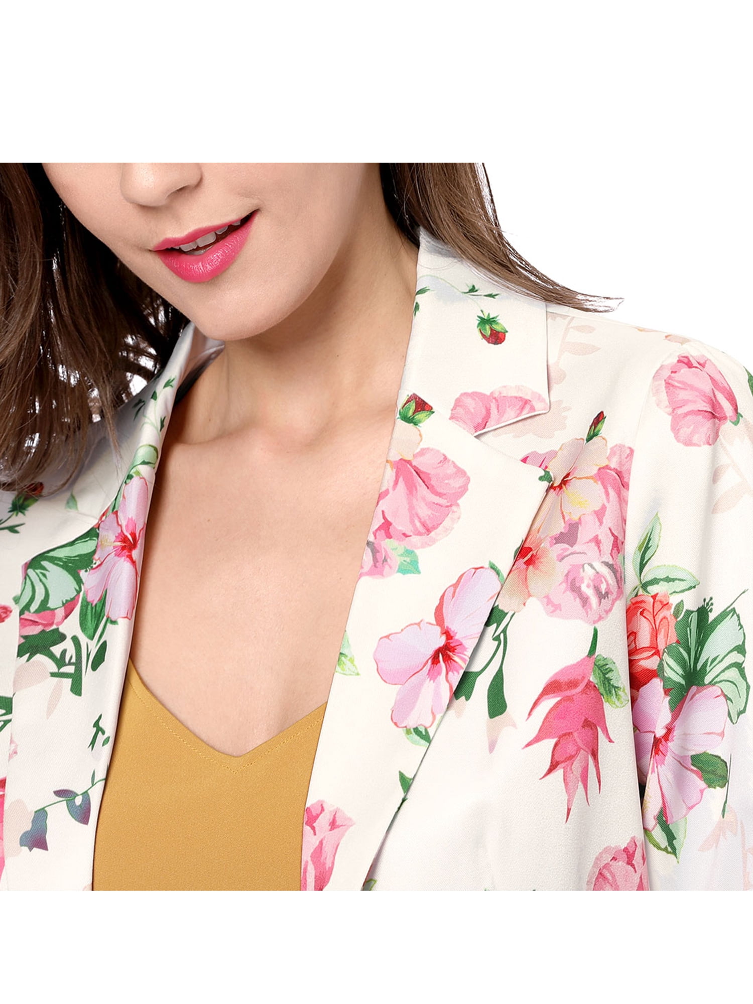 DARING DIVA Women's Elegant Notched Lapel Floral Print Blazer L White-Floral