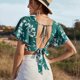 thumbnail image 4 of Top corto con cuello en V para mujer, estampado a la moda, manga con volantes, tirantes en la espalda, camisa corta sin espalda para mujer, verde oscuro XL, 4 of 6