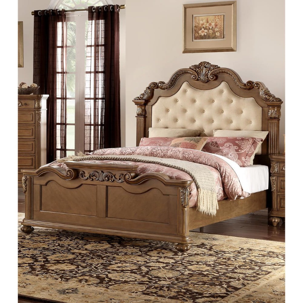 Carved & Upholstered Cream Tufted Wooden E.King Bed, Light Honey Brown