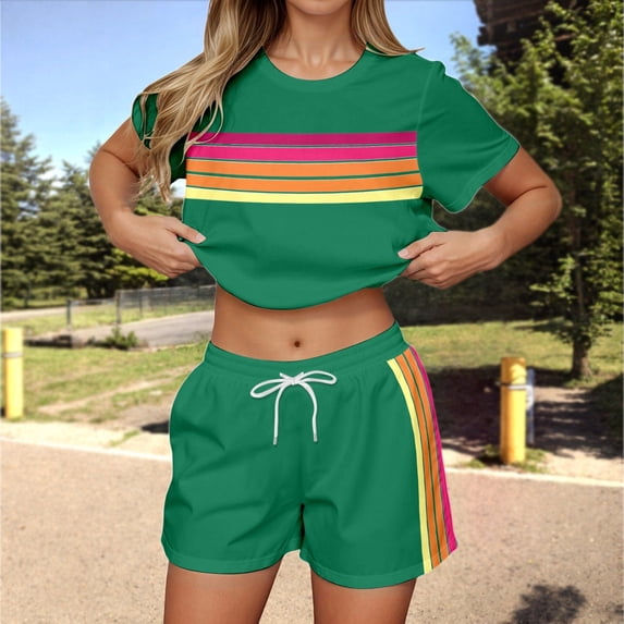 Arlun 2 Piece Workout Sets for Women Summer Striped Crew Neck Short Sleeve Tops Casual Shorts Color Blocked Sweatsuit Casual Outdoor Sports and Leisure Matching Outfits Green M